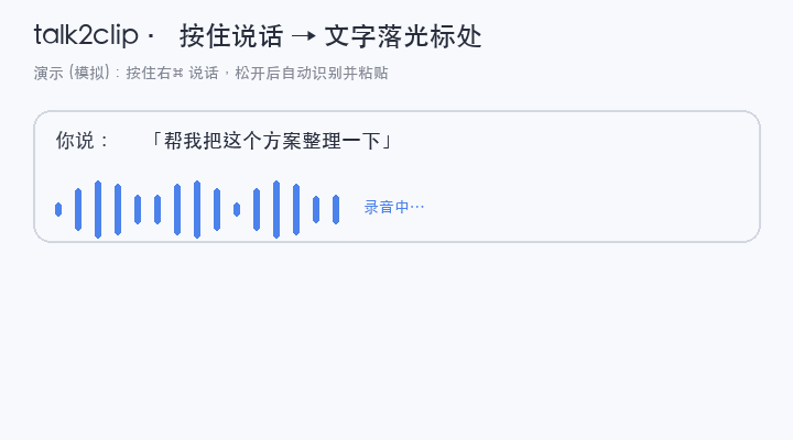 talk2clip 演示：按住右⌘说话，识别文字自动粘贴到光标处