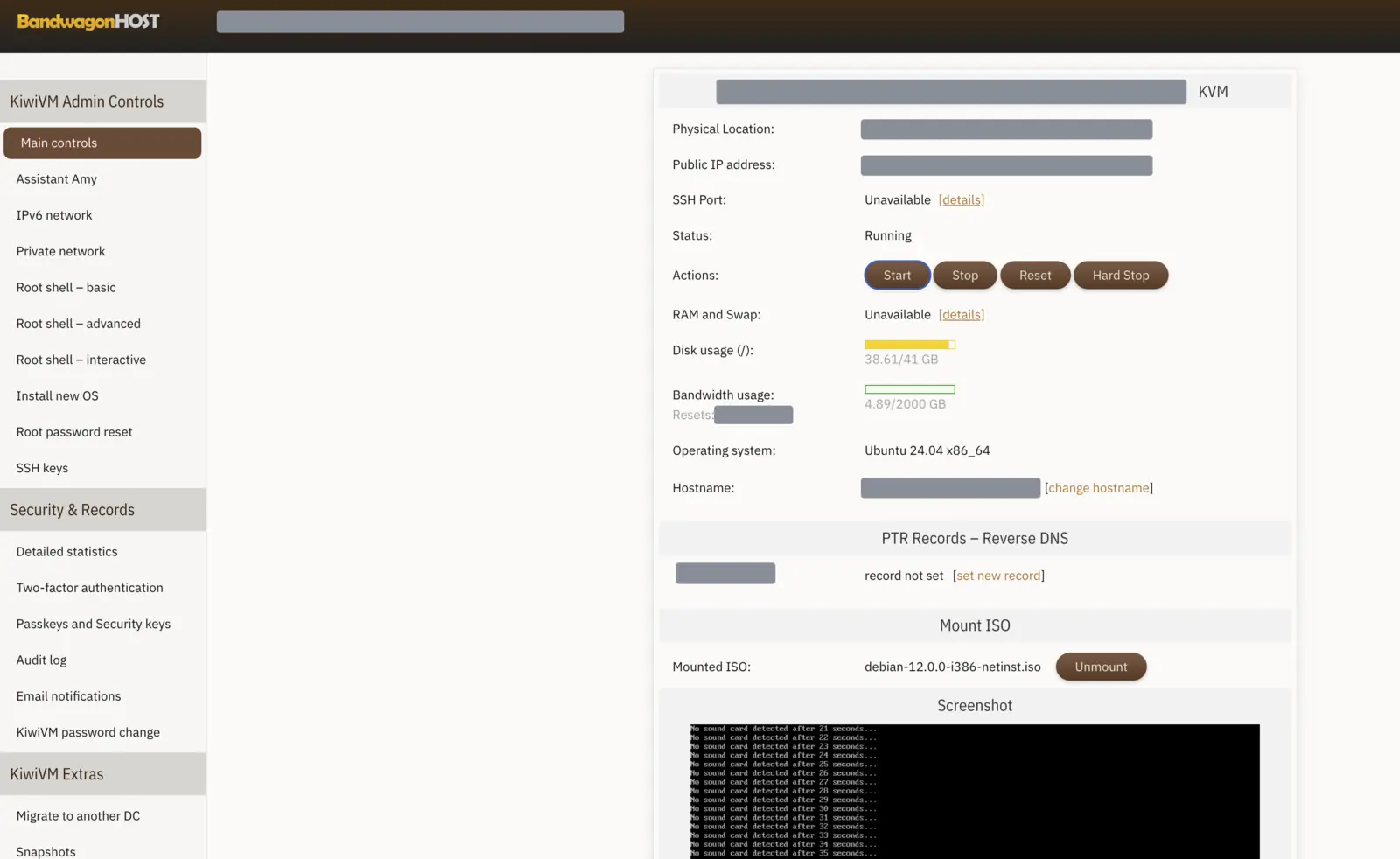 KiwiVM 面板：ISO 已挂载，SSH 与内存显示 Unavailable，磁盘 38.61/41 GB