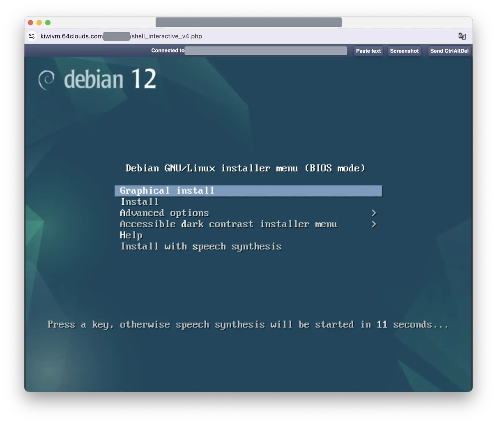 KiwiVM VNC 控制台里显示 Debian 12 安装菜单